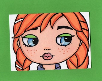 ACEO Original Miniature Painting Blythe doll face Princess Anna Frozen Art Artist Trading Card