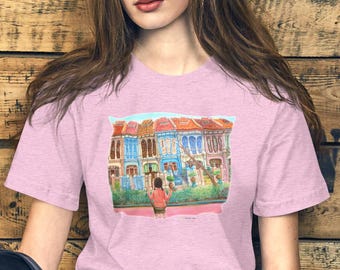 Singapore Peranakan Heritage T-shirt of Emerald Hill Shophouse Painting Art with Whimsical Little Nonya Girl on Swing
