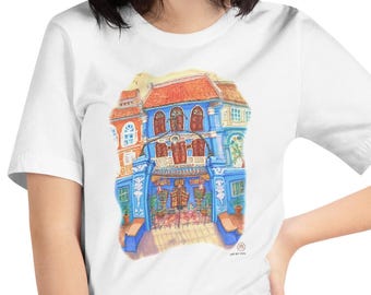Singapore Blue Baba House Souvenir T-shirt, unique Peranakan art wearable gift for Straits Chinese heritage lover or Asia traveller