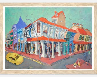 Singapore Art Poster of Joo Chiat Shophouses Colorful Heritage Street Painting, Unique Asia Travel Print Gift of Chinese Malay Architecture