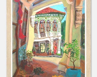 Singapore Poster of Joo Chiat Koon Seng Road Shophouse Art Painting, Asia Travel Art Print Gift with Peranakan Lady and Sleeping Cat