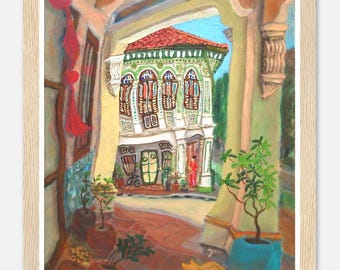 Singapore Poster of Joo Chiat Koon Seng Road Shophouse Art Painting, Asia Travel Art Print Gift with Peranakan Lady and Sleeping Cat
