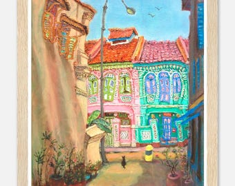 Singapore Poster of Art Painting of Pink Green Peranakan Houses at Koon Seng Road in Katong-Joo Chiat, Asia Travel Print Gift