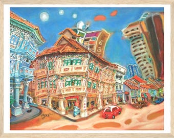 Singapore Art Print of Jalan Besar Shophouses Vibrant Artwork, Colorful Heritage City Starry Night Poster in Van Gogh Style