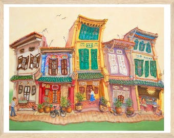 Singapore Art Print of Spottiswoode Park Shophouses Vibrant Artwork, Asia Travel Poster Souvenir