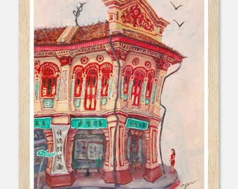 Singapore Art Poster of Joo Chiat Chinese Red Shophouse Vibrant Artwork, Asia Travel Heritage Print Gift