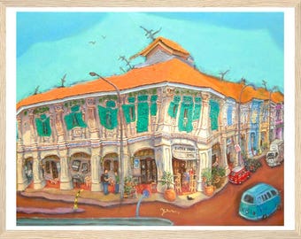 Singapore Poster of Blair Road Cafe Shophouse Art Painting by Local Artist, Heritage Asia Travel Print Gift