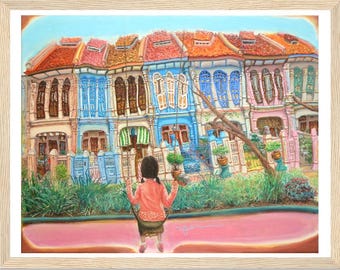 Singapore Poster of Emerald Hill Peranakan Shophouse Painting with Nonya Girl on Swing, Whimsical Heritage Art Print for Asian Art Lover