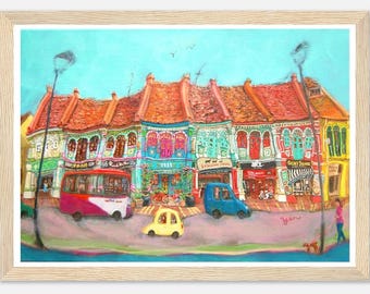 Singapore Art Poster of Katong Shophouses Street Painting with Traditional Peranakan Rumah Bebe Shop, a Vibrant Asia Travel Souvenir Print