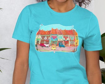 Singapore Vibrant Colors Unisex T-shirt with Cool Whimsical Katong Peranakan Shophouse Heritage Art, a Unique SG gift for Asia Traveller