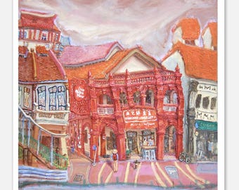Singapore Art Poster of Katong Red House Bakery Painting by Local Artist: an Iconic Conservation Shophouse at Nostalgic Heritage Street