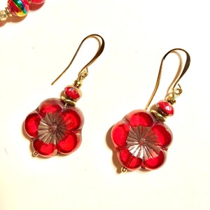 Red and Copper Etched Czech Flower Earrings with Gold Beads
