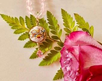 Pink Powder Beaded Necklace with Murano & Swarovski Pendant Focal Beads