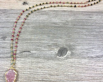 Rose Quartz Arrowhead Pendant on Multi Colored Tourmaline Wire Wrapped Chain Necklace / Boho Chic / Genuine Gemstone Jewelry