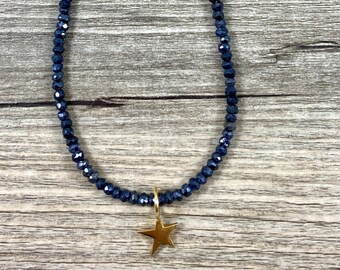 Black Spinel Rondelle Necklace with Dainty Gold Filled Star Charm Pendant / Genuine Black Spinel Gemstone Rondelles / Chic Jewelry