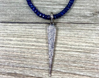 Exquisite Blue Sapphire Rondelle Necklace with Pave Diamond Spike Pendant / 4mm Rondelles / 2" Pave Diamond Pendant / AAA Quality Gemstones