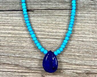 Amazing Sky Blue Turquoise Rondelle Necklace and Polished Teardrop Briolette Lapis Pendant / Pyrite Inclusions Lapis / AAA Quality Gemstones