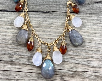 Briolette Drop Necklace / Wire Wrapped Moonstone, Labradorite and Hessonite Briolettes on a Moonstone Rosary Chain Necklace / AAA Quality