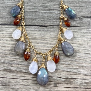 Briolette Drop Necklace / Wire Wrapped Moonstone, Labradorite and Hessonite Briolettes on a Moonstone Rosary Chain Necklace / AAA Quality