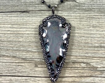 Striking Gunmetal Arrowhead with Pave Hematite Pendant on Wire Wrapped Black Spinel and Silver Pyrite Chain Necklace / Statement Piece