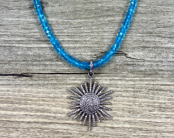 Pave Diamond Sunburst Charm Pendant on Blue Topaz Faceted Rondelle Necklace / 925 Sterling Silver and Pave Diamond Setting / AAA Quality