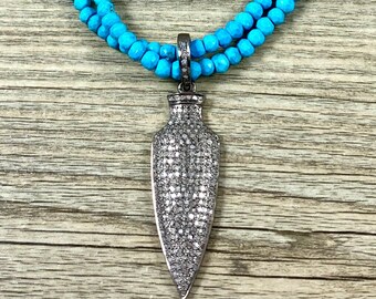 Double Stranded Turquoise Rondelle Necklace with Pave Diamond Arrowhead Pendant 38mmx12mm / Excellent Quality Genuine Gemstones