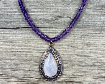 Stunning Faceted Amethyst Rondelle Necklace with Incredible Natural Rainbow Moonstone Pendant Set in White Topaz / AAA Quality Jewelry