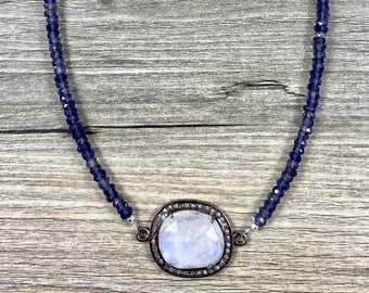 Stunning Rainbow Moonstone and Pave Diamond Connector Pendant on Faceted Iolite Rondelle Necklace / AAA Quality Gemstones / Chic Jewelry