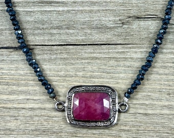 Fancy Rose Cut Ruby Square and Oxidized Sterling Silver Pave Diamond Connector on Black Spinel Rondelles Necklace / Genuine Gemstone Jewelry