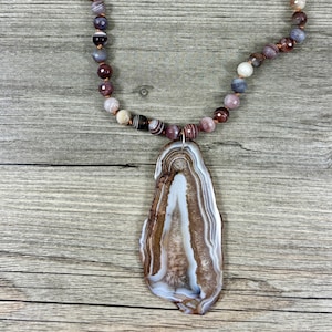 Amazing Hand Knotted Faceted Botswana Agate Beaded Necklace with Large Freeform Shaped Brown Dyed Agate Slice Focal Pendant / AAA Quality