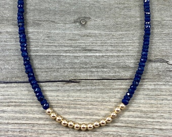 Exquisite Midnight Blue Faceted Sapphire Rondelle and Gold Filled Beaded Necklace / AAA Quality Gemstones / Chic Jewelry