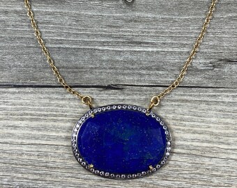 Genuine Natural Lapis Lazuli Bezel Gemstone Pave Connector Set in White Sapphires on Gold Filled Chain Necklace / Large Pendant Jewelry