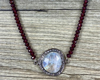 Dazzling Rainbow Moonstone and Pave Diamond Connector Pendant on Faceted Fiery Garnet Rondelle Necklace / 25x20mm Moonstone Connector