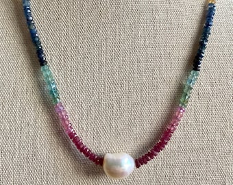 Multi Colored Sapphire Rondelle Necklace with Large White Baroque Pearl Bead / Excellent Quality Gemstone Rondelles and Freshwater Pearl