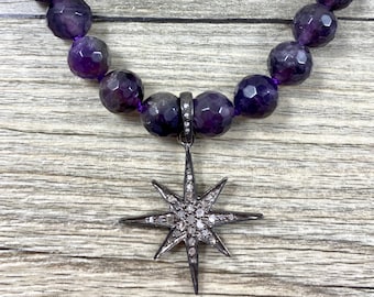 Pave Diamond Star Pendant on Hand Knotted Amethyst Necklace / Round Faceted Amethyst Beads / AAA Quality / Genuine Gemstone Jewelry