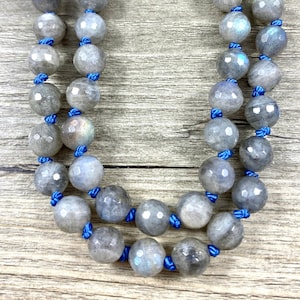 Hand Knotted Faceted Labradorite Beaded Necklace / Blue Silk Cord/ Single or Double Strand / Genuine Gemstones