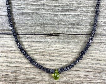 Natural Black Diamond Raw Uncut Rough Rondelle Necklace with Small Peridot Teardrop Briolette / AAA Quality / Chic Holiday Gemstone Jewelry