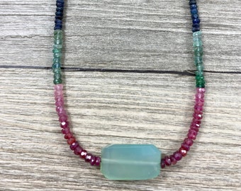 Multi Colored Sapphire Rondelle Necklace with Chalcedony Nugget Pendant Bead / AAA Quality / Genuine Gemstone Jewelry