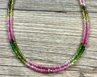 Double-Strand Faceted Watermelon Tourmaline Rondelle Necklace with 3mm Pave Diamond Rondelle Bead / AAA Quality Tourmaline Rondelle Beads