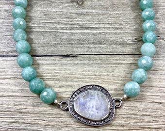 Light Mint Faceted Amazonite Beaded Necklace with Pave Diamond Moonstone Connector Pendant / 8mm Faceted Beads / AAA Quality Gemstones