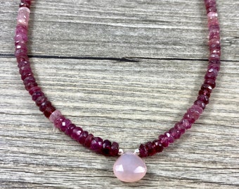 Stunning Pink Tourmaline Rondelle Necklace with Pink Chalcedony Heart Briolette / AAA Quality Pink Tourmaline Gemstones / Excellent Sparkle