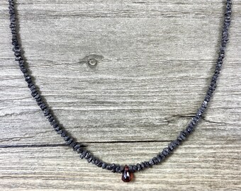 Natural Black Diamond Raw Uncut Rough Rondelle Necklace with Small Garnet Teardrop Briolette / AAA Quality / Chic Holiday Gemstone Jewelry