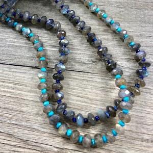 Natural Labradorite Faceted Rondelle Necklace with Lapis and Turquiose Accent Beads / AAA Quality Genuine Gemstone Jewelry