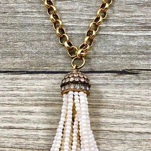 Lovely Ivory Beaded Tassel with Rhinestone Pendant on a Antique Gold Rolo Chain / Antique Tassel Cap / Pearl Seed Beaded Tassel