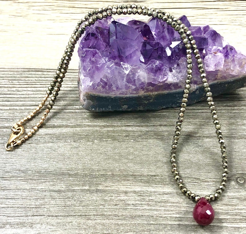 Ruby Teardrop Pendant on Natural Pyrite Rondelle Necklace AAA Quality Gemstones Large Faceted Ruby Shimmery Faceted Pyrite Rodelles