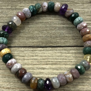 Natural Indian Agate, Amethyst and Lemon Quartz Rondelle Stretch Bracelet / Women&#39;s Bracelets/ Genuine Gemstone Jewelry