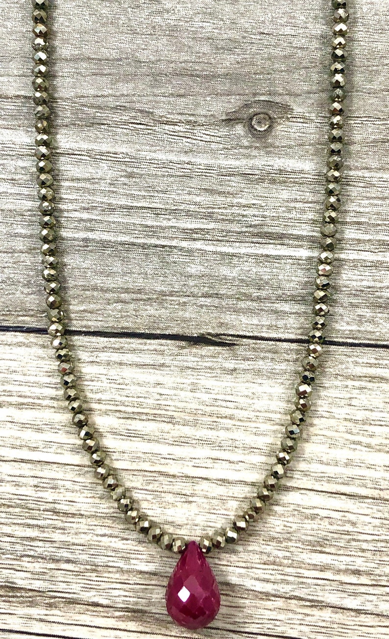 Ruby Teardrop Pendant on Natural Pyrite Rondelle Necklace AAA Quality Gemstones Large Faceted Ruby Shimmery Faceted Pyrite Rodelles