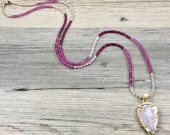 Rose Quartz Arrowhead Pendant Necklace with Rose Quartz, Pink Topaz and Ruby Faceted Rondelles with Gold Filled Faceted Beads