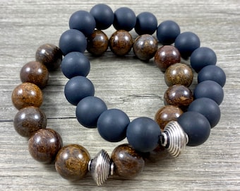 Bracelets Stretch en pierres précieuses pour hommes avec perle de soucoupe en argent sterling / obsidienne noire mate / jaspe bronzite naturelle / grandes perles de 12 mm