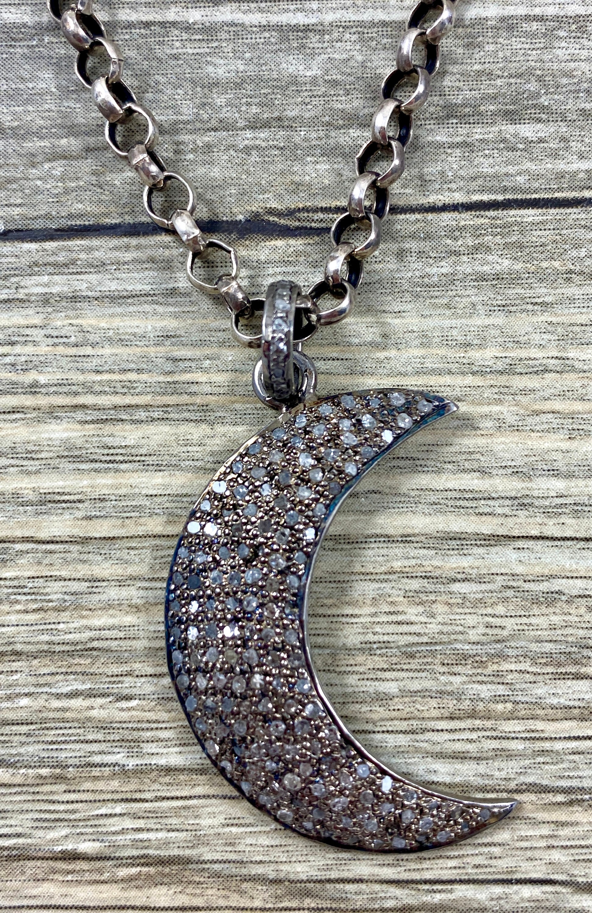 Exquisite Pave Diamond Crescent Moon Pendant on Antique Sterling Silver ...